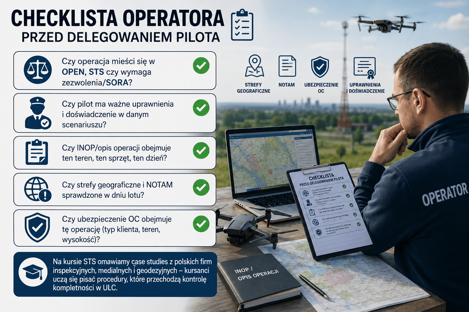 Checklista operatora drona przed delegowaniem pilota
