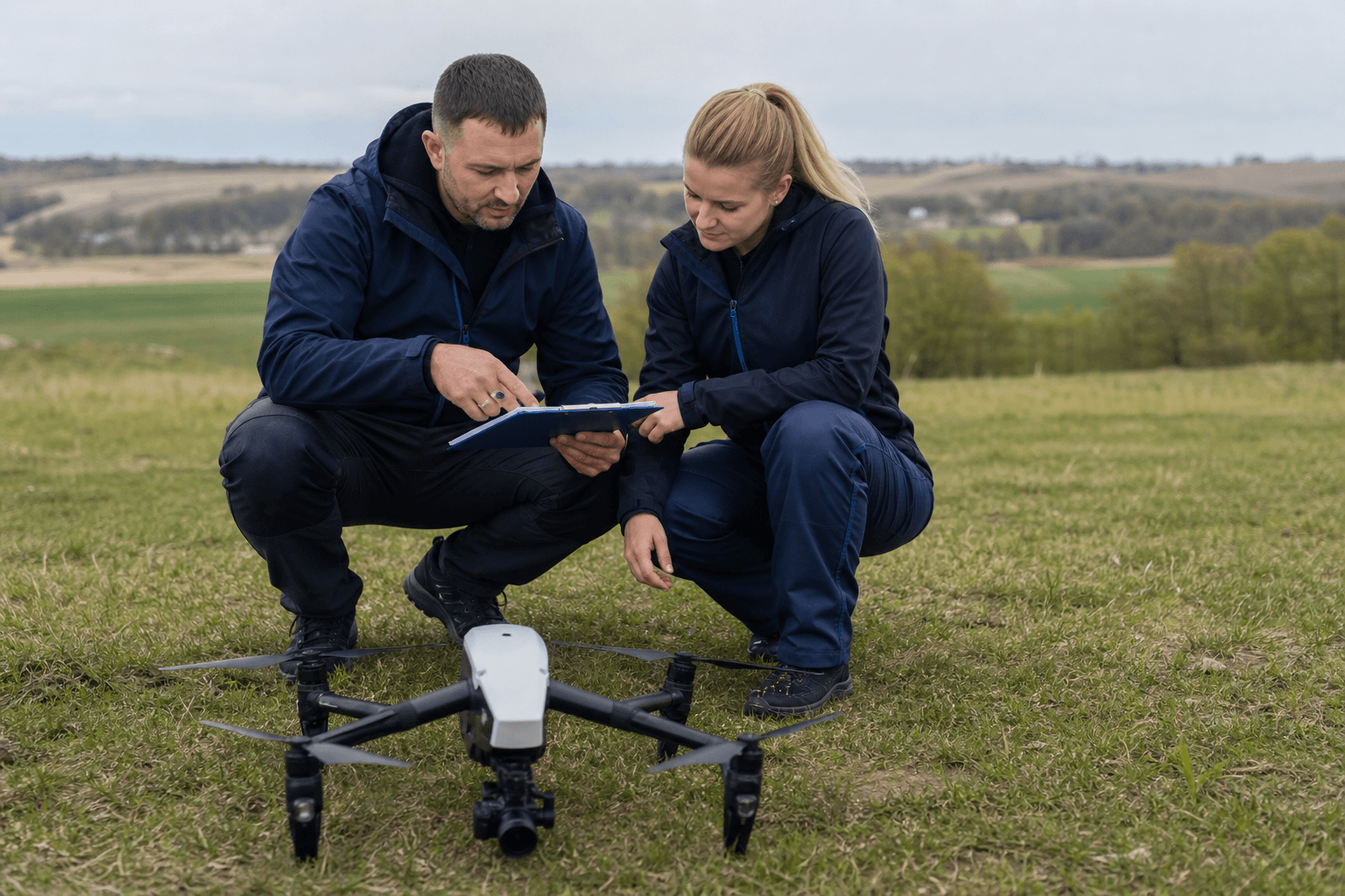 Checklista przed startem – instruktor i kursant przy dronie na placu
