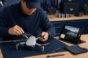 Konserwacja drona DJI Air – pilot sprawdza śmigła