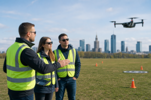 Szkolenie pilotów dronów w ośrodku DRONE4TECH – instruktor z kursantami