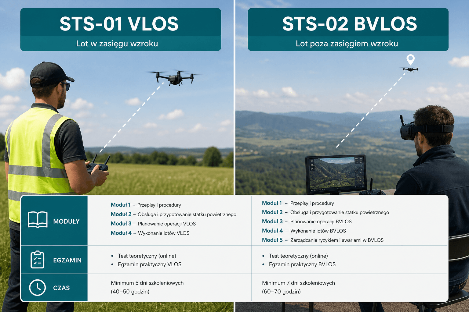Różnice między szkoleniem STS-01 VLOS a STS-02 BVLOS – moduły i egzamin