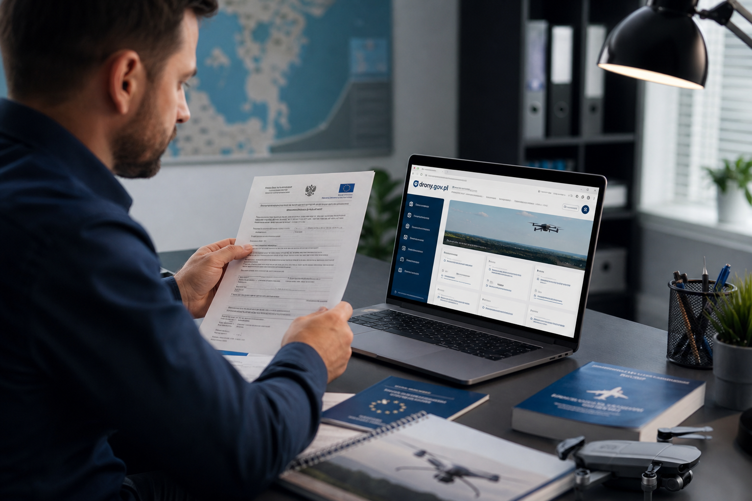 Przepisy ULC dla dronów 2026 – pilot przy dokumentacji lotniczej