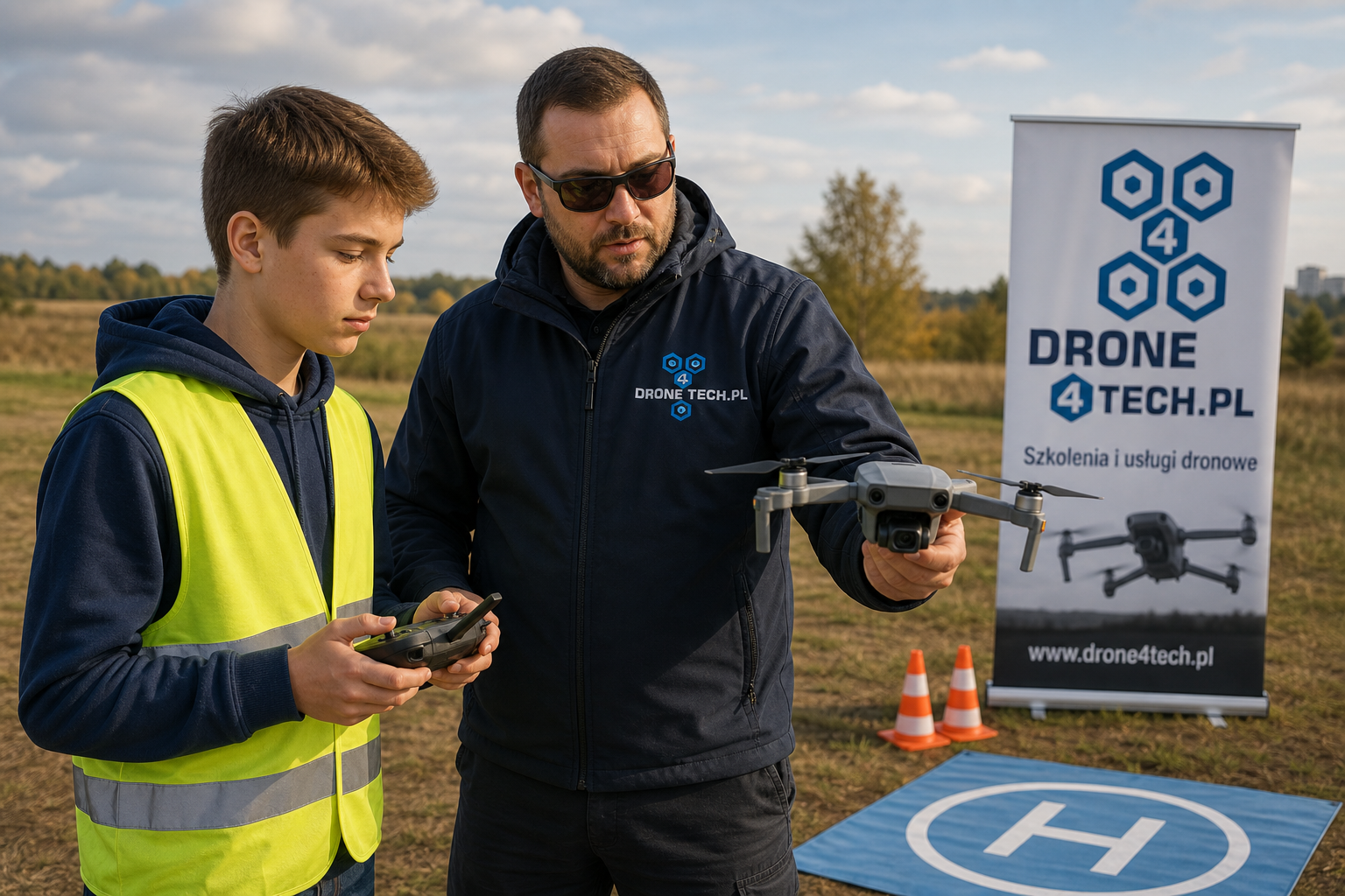 Młodszy kursant z instruktorem podczas szkolenia dronowego DRONE4TECH