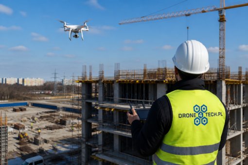 Dron nad placem budowy podczas monitoringu postępu