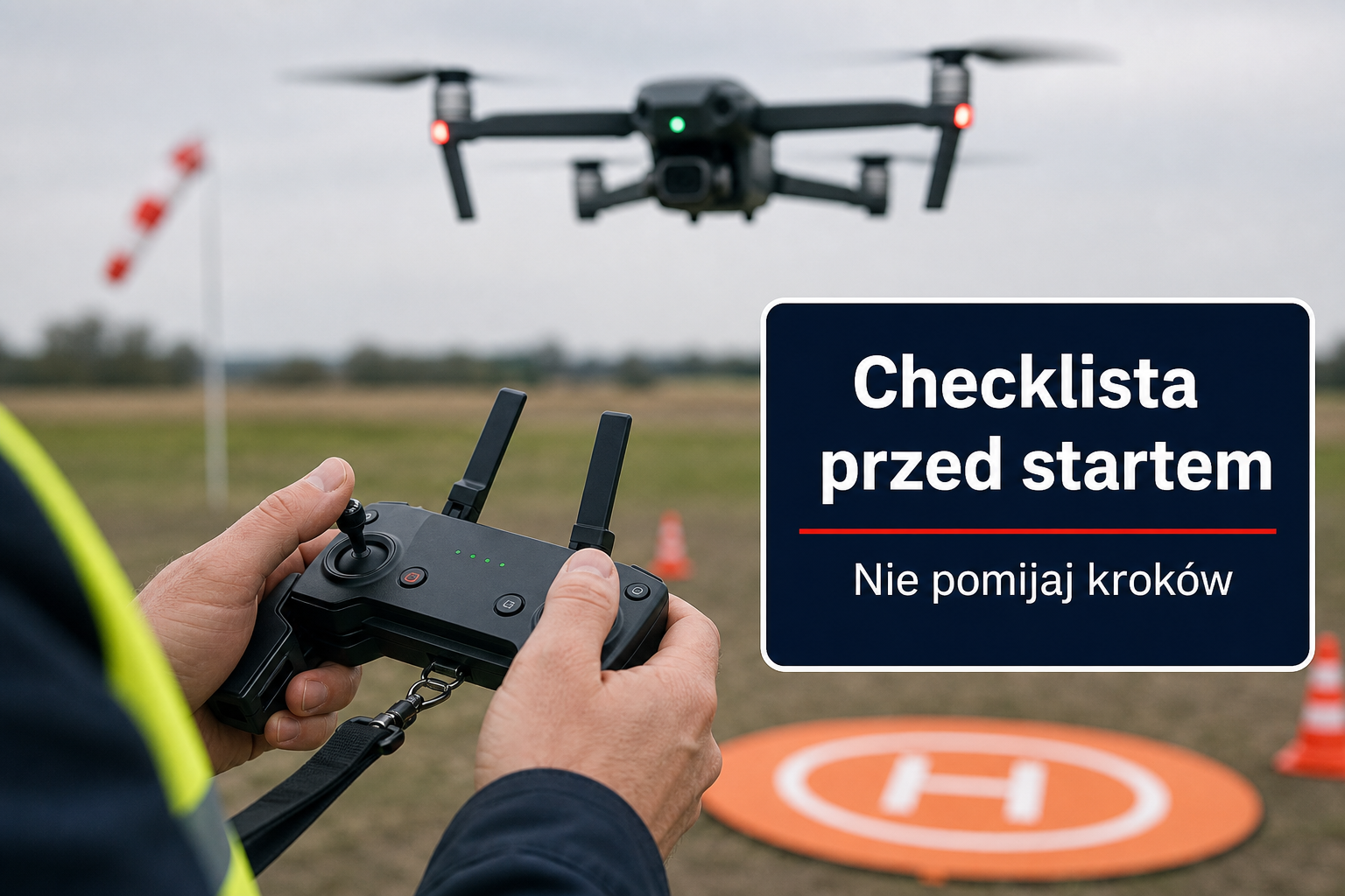 Checklista przed startem – ręce pilota na nadajniku RC
